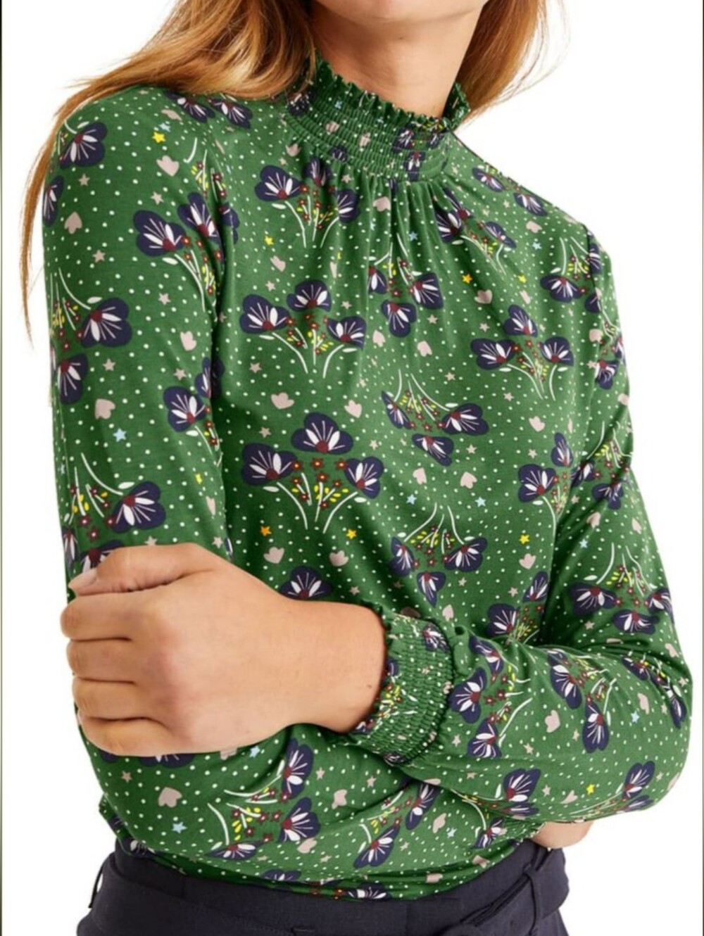 Boden Women's Green Floral Mock Neck Smocked Long Sleeve Soft Shirt US 12